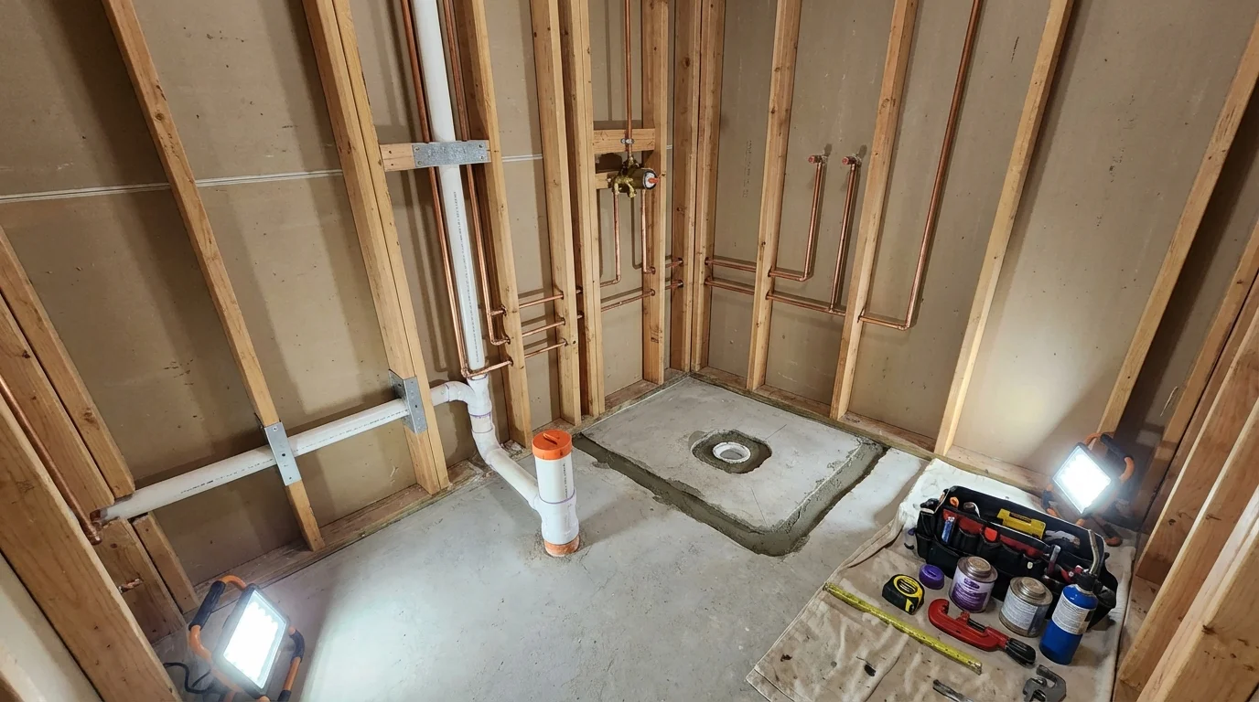 Bathroom rough-in plumbing during remodel by Johns Plumbing LLC in Maywood