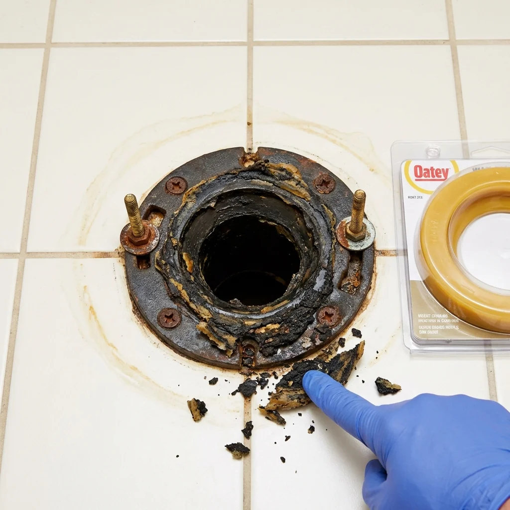Failed wax ring showing water seepage at the base of a toilet in a Maywood, IL home