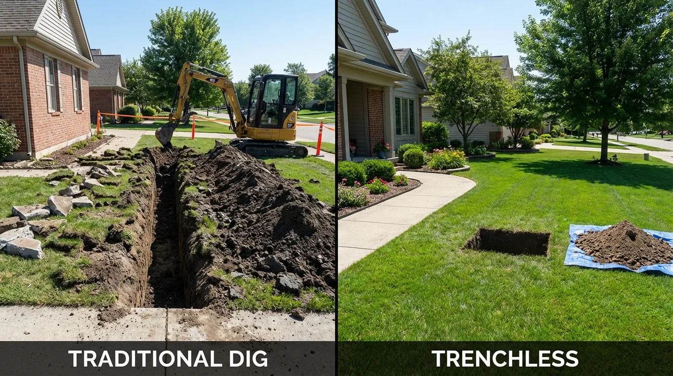 Trenchless sewer repair with minimal yard damage versus traditional excavation in Maywood, IL