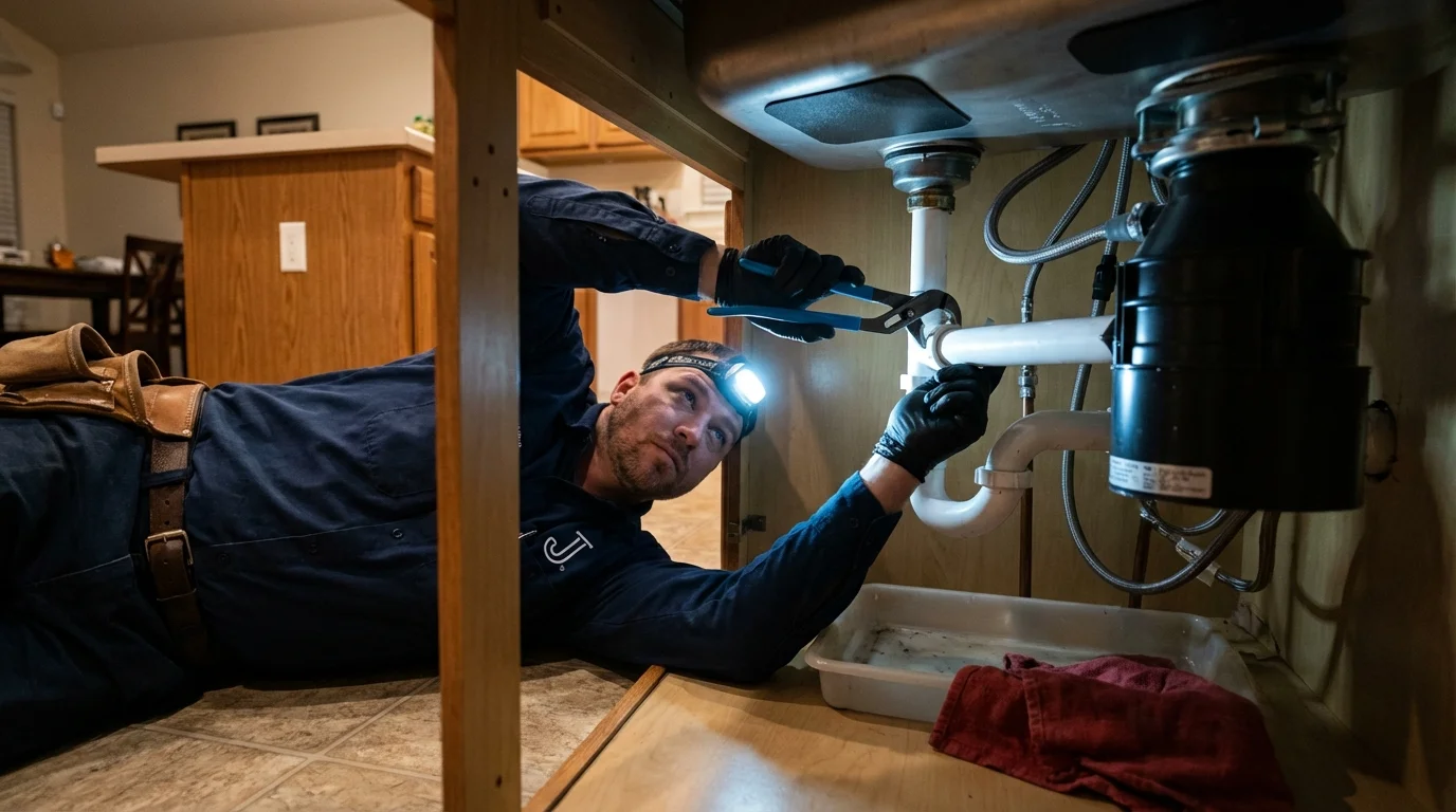 P-trap and supply line connections under a kitchen sink showing a common leak point in Maywood, IL